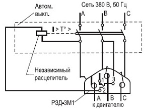Схема подключения реле РЗД-3М1 (2; 3) совместно с автоматическим выключателем